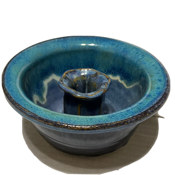 Smoky Mountain Pottery Candle Holder Glazed Blue Round Hand Made Gatlingburg TN - Picture 8 of 10